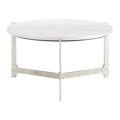 HomeRoots 30" White and Silver Genuine Marble and Aluminum Round Cross Legs Coffee Table