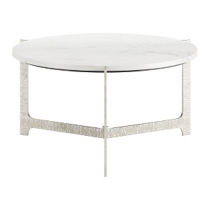 HomeRoots 30" White and Silver Genuine Marble and Aluminum Round Cross Legs Coffee Table - 1 of 4