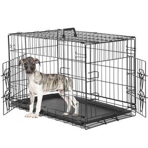 Musment Dog Crate with Double Doors - Enhanced Metal Foldable Pet Cage with Divider Panel & Removable Tray, Portable Extra Large Kennel for Black - 1 of 4