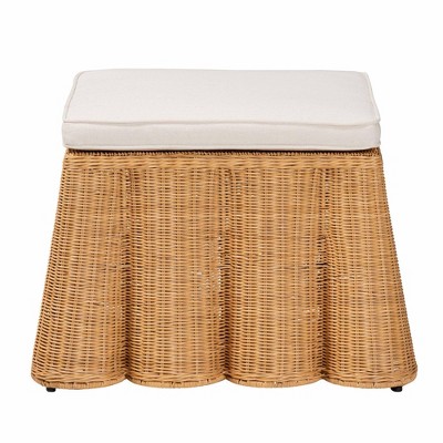 Honey Scallop Rattan Ottoman with White Upholstered Cushion