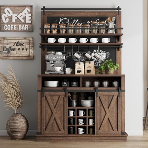 GustoWave 75" Coffee Bar Cabinet with Sliding Barn Door and Blackboard, Farmhouse Buffet Cabinet with Storage, Coffee Hutch Cabinet - 1 of 4