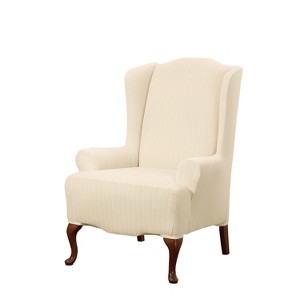 Stretch Pinstripe Wing Chair Slipcover Cream - Sure Fit, Ivory