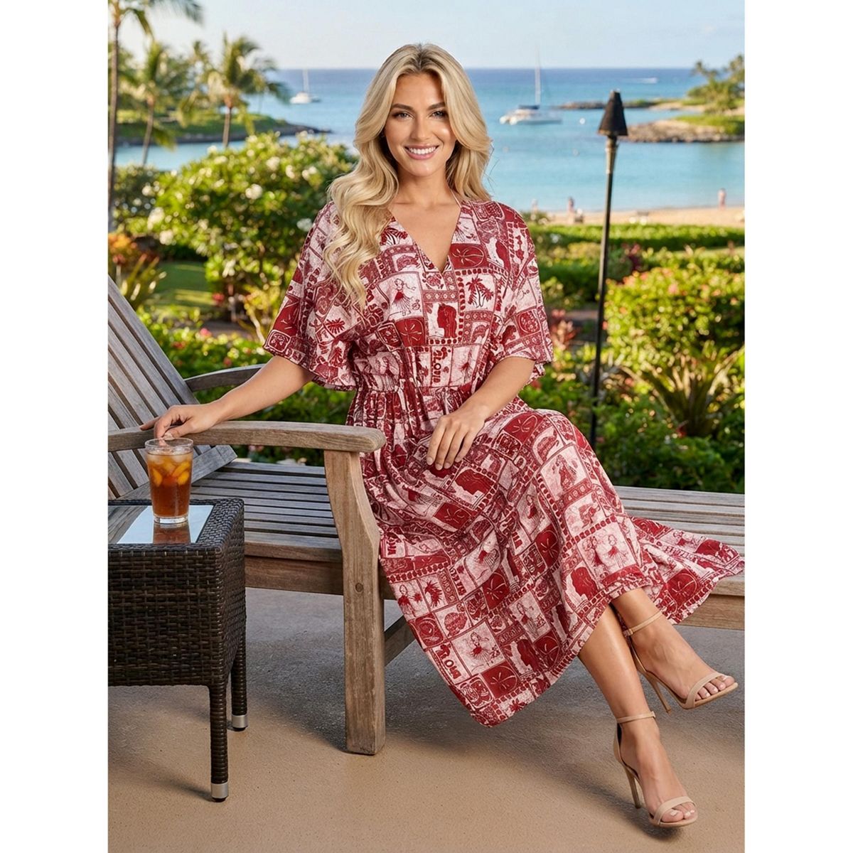 LA LEELA Summer Rayon Blend Women Vacation Caftan Maxi Dress Holiday Resortwear Cruise Pregnancy Wear Comfortable Outfit 2X-3X Red Turtle - thumbnail 4