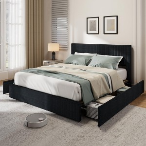 Bed Frame with Tufted Wingback Headboard, Platform Corduroy Upholstered Bed Frame with 4 Storage Drawers - 1 of 4