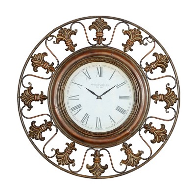 38" x 38" Traditional Large Round Metal Fleur De Lis Wall Clock with Roman Numerals Brown - Olivia & May