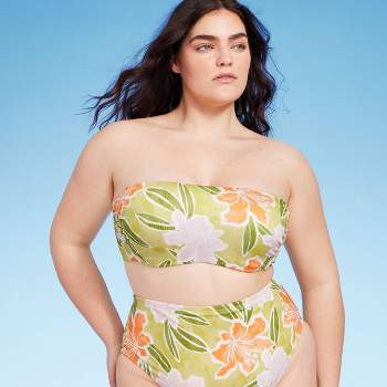 Women's Ribbed Hidden Underwire Bandeau Bikini Top - Shade & Shore™ Lime Green Floral Print