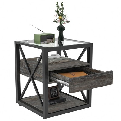 Dolonm Modern End Table with Drawer-Nightstand for Bedroom & Living Room, Rustic Wood Grain MDF& Tempered Glass Top, Industrial Style Side Table