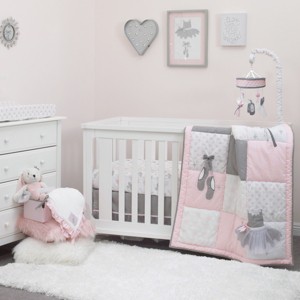 NoJo Ballerina Bows Pink, Sparkle Grey Metallic, and White 4 Piece Nursery Crib Bedding Set - 1 of 4