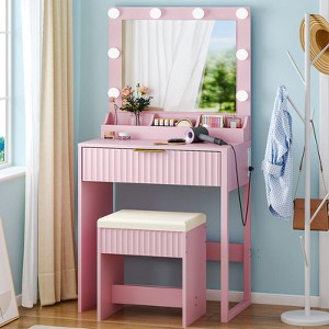 White Particle Board Veneered with Textured Melamine, 1-drawer 3-compartment Dressing Table Set with 8 Three-color Dimmable Bulbs - 1 of 4