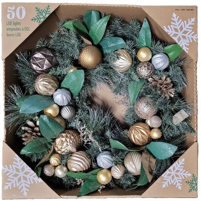 30-inch Pre-Lit Christmas Wreath With 50 LED Lights Battery Operated With Gold Accents