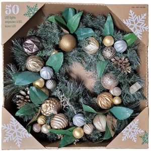 30-inch Pre-Lit Christmas Wreath with 50 LED Lights Battery Operated with Gold Accents - 1 of 3