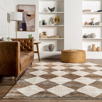 Meline Beige and Brown Synthetic Checkered 9' x 13' Area Rug