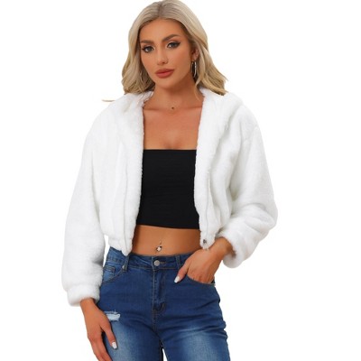INSPIRE CHIC Women's Casual Hooded Zip Up Long Sleeve Cropped Faux Fur Jacket