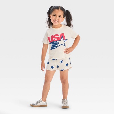 Toddler Girls' 2pc Americana USA Short Sleeve T-Shirt and Star Shorts Set - Red/White/Blue