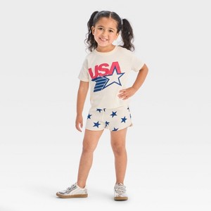 Toddler Girls' 2pc Americana USA Short Sleeve T-Shirt and Star Shorts Set - Red/White/Blue - 1 of 4
