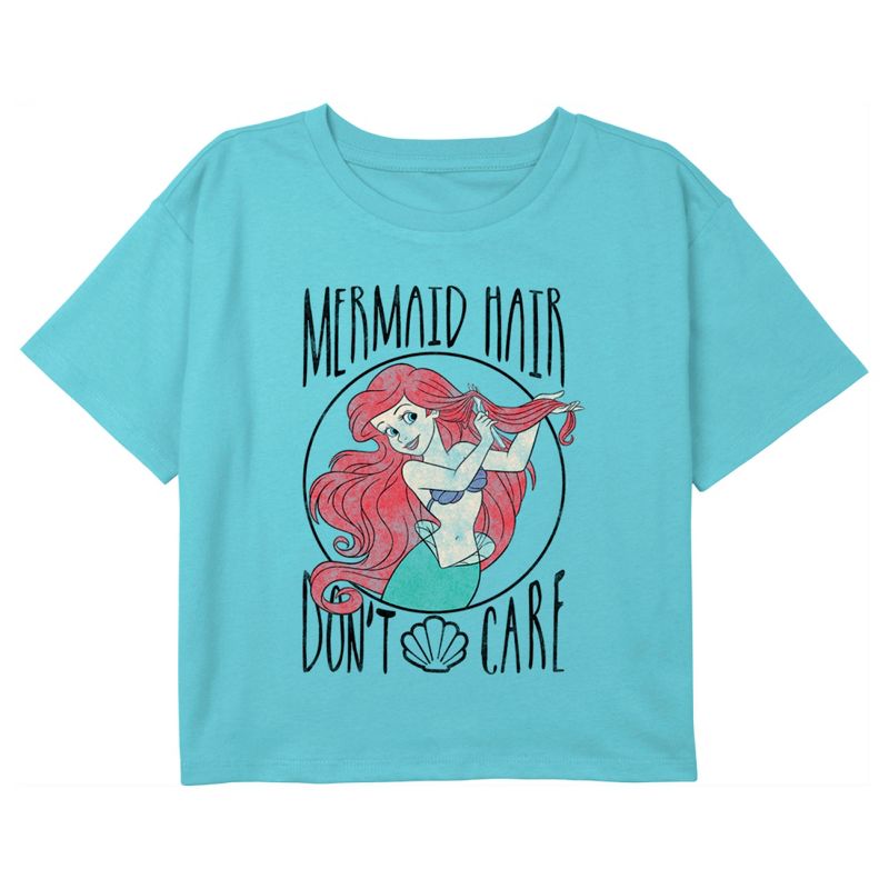 Girl's The Little Mermaid Ariel Mermaid Hair Don't Care Crop T-Shirt, 1 of 4