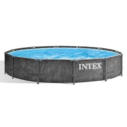 Intex 26749ST 12 Foot x 30 Inch Round Greywood Prism Steel Frame Premium Above Ground Pool Set with Filter Cartridge Pump & Pool Liner, Gray Woodgrain