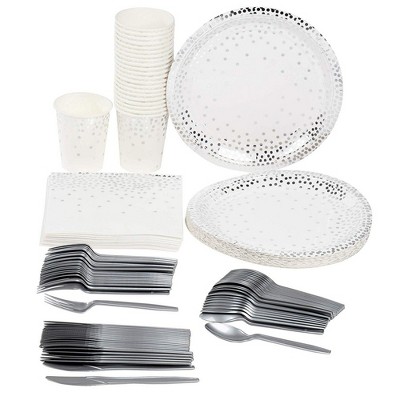 Juvale Silver Foil Party Supplies (Serves 24) Plates, Napkins, Cups, Cutlery - Polka Dots