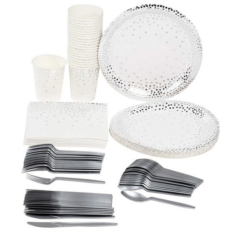 Silver Polka Dot Spots Disposable TABLEWARE Events Catering Birthday Party 