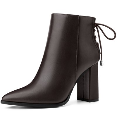 BLISSFUL STEP Women's Pointed Toe Chunky Heel Back Lace Up Ankle Boots