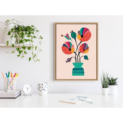 Mid-Century Modern Multicolor Floral Canvas Print with Natural Frame