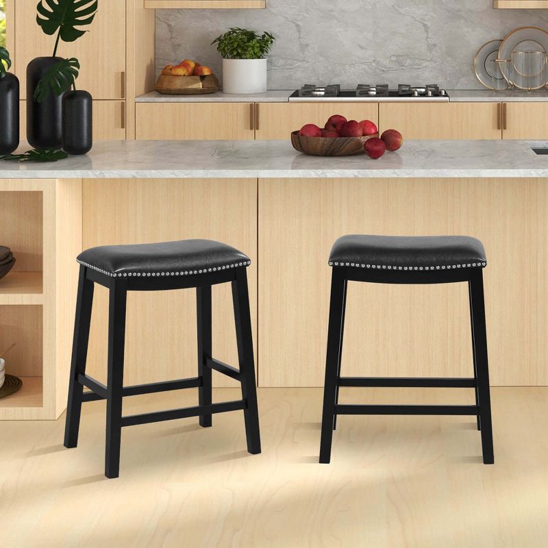 Costway 26-Inch Bar Stool Set of 2 Counter Height Saddle Stools with Upholstered Seat Brown/Black/Gray, 4 of 9