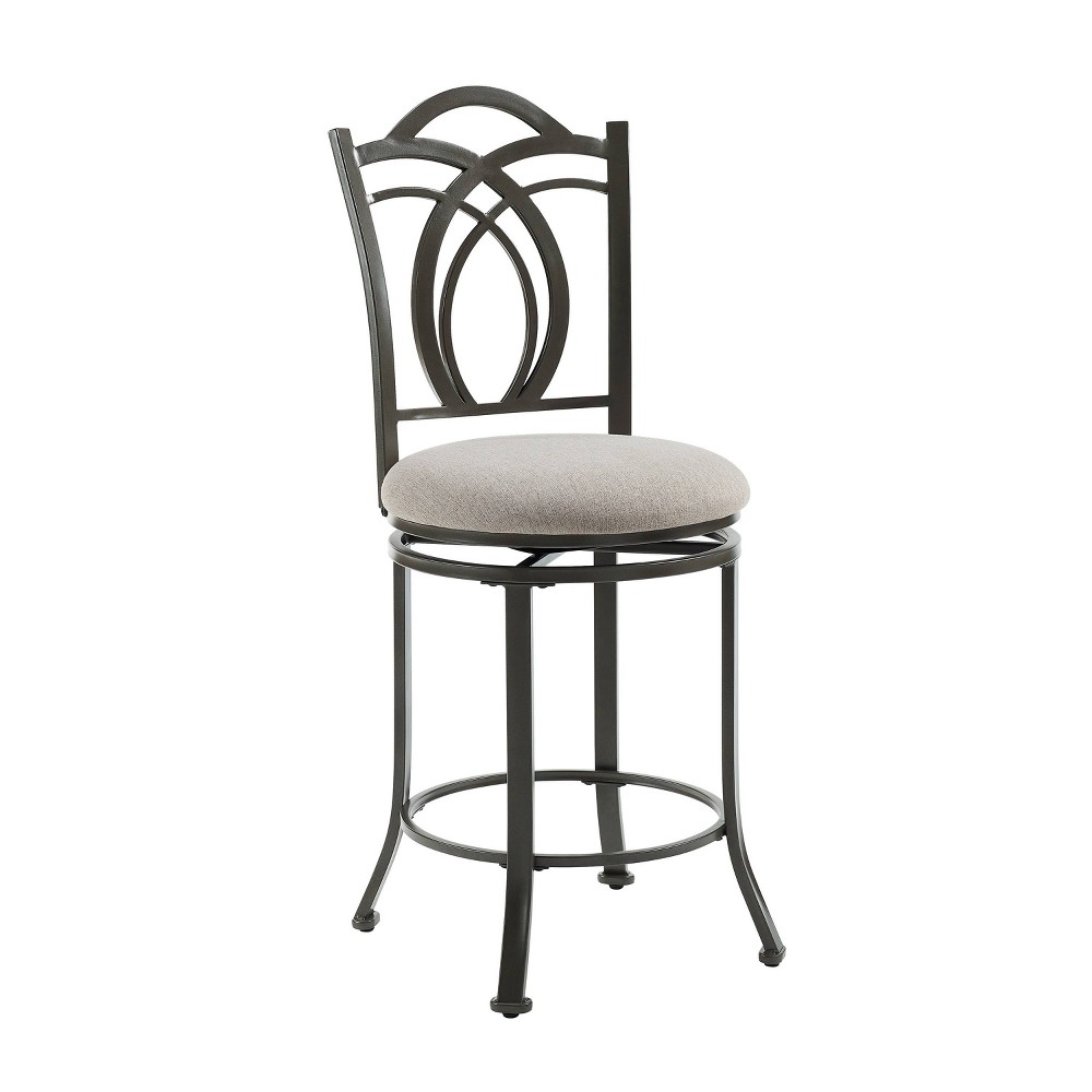 Linon Calif Metal Curved Patterned Backrest and Beige Padded 360 Degree Swivel Seat Counter Height Barstool Pewter: Upholstered, Powder-Coated Finish