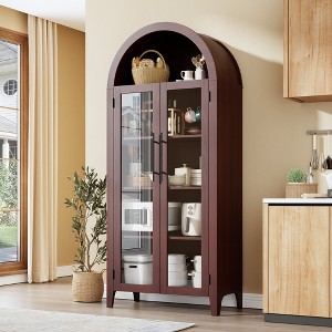63'' Arched Pantry Storage Cabinet, Farmhouse 5 Tier Bookcase with Adjustable Shelf and 2 Glass/Rattan/Cross Doors, for Kitchen, Living Room, Bedroom - 1 of 4