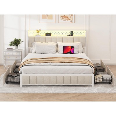 DOMETOUR Queen Platform Bed w/4 Drawers, Metal Frame, LED Lights, Charging Station, No Box Spring, Beige, Noise-Free, Easy Assembly