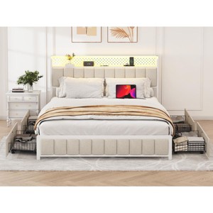 DOMETOUR Queen Platform Bed w/4 Drawers, Metal Frame, LED Lights, Charging Station, No Box Spring, Beige, Noise-Free, Easy Assembly - 1 of 4