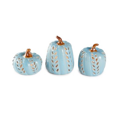 Lakeside Blue Ceramic Pumpkins - Harvest or Halloween Decorations - Set of 3