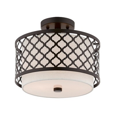 Arabesque English Bronze Drum Semi-Flush Mount with Off-White Shade