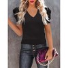 Women's Short Sleeve Knit Pullover Sweaters Casual V Neck Ribbed Solid Soft Slim Fit Sweater Blouse Tops Elegant Knitwear,Black - L - 3 of 4