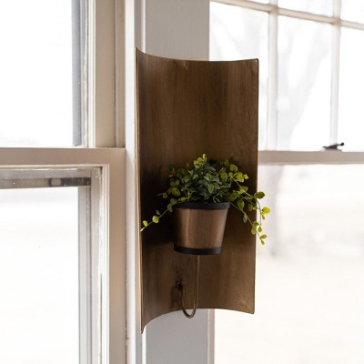 Antiqued Brass Curved Wall Planter with Riveted Accents