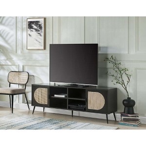 60" PVC Veneer and MDF TV Stand with Metal Legs, Rattan Insert, 4 Shelves and 2 Doors for Living Room and Bedroom - 1 of 4
