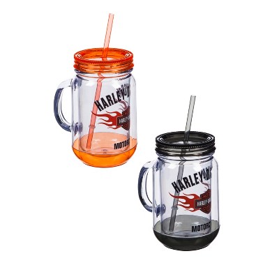 Evergreen Harley-Davidson Flaming Bar & Shield Mason Jar Cups, 2 Pack Gift Set