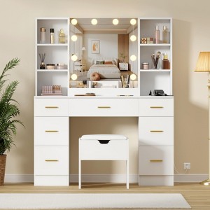 56" Modern Vanity Set with LED Mirror - 7-Drawer Makeup Desk, Power Outlet & Adjustable Lights, Farmhouse Bedroom Dressing Table - 1 of 4