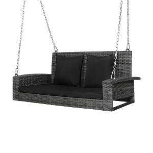 Costway 2-Person Patio PE Wicker Hanging Porch Swing Bench Chair with Cushion - 1 of 4