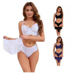INSPIRE CHIC Women's 3 Sets Cross Straps Full Coverage Bralette and Panty Mesh Floral Lace Underwear Set - 1 of 4