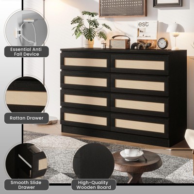 Rattan 8 Drawer Dresser, 47 Inch White Bedroom Dresser, Modern Farmhouse Chest of Drawers, with 8 Drawers, Tv Stand Dresser Accent Furniture
