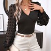Women's V Neck Long Sleeve Jacquard Dot Blouse Puff Sleeve Top - 4 of 4