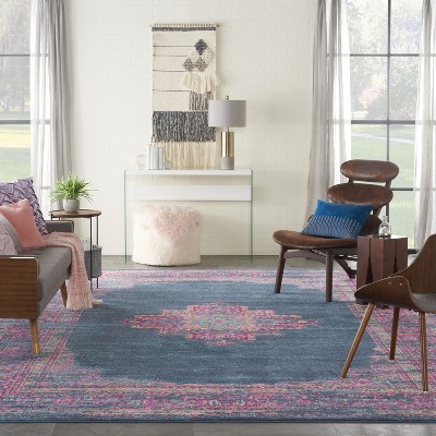 Floral Blue Synthetic 12' x 15' Easy-Care Rectangular Rug