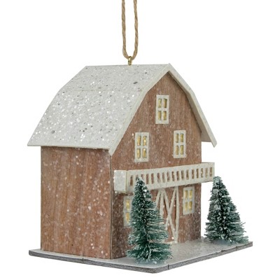 Rustic Brown Lighted House Christmas Ornament with Snowy Trees