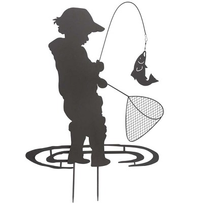 Wind & Weather Boy Fishing Silhouette Metal Garden Stake