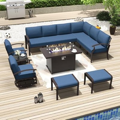 ALAULM Aluminum Patio Furniture Set Modern Metal Outdoor Conversation Sets w/45in Propane Fire Pit Table, Patio Sectional Sofa w/5.1 Inch Cushion