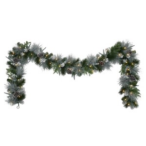 Puleo 9'x10" Pre-Lit Battery-Operated Flocked Garland - 1 of 4