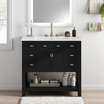 Mshliw 36 Inch Modern Bathroom Vanity with Ceramic Sink, Freestanding Cabinet with 6 Drawers and 2 Soft Close Doors