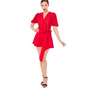 Slickblue Women's Crochet Detailed Fashion Romper, Belted Waist, Short Sleeve, Bohemian Look, S-L, Red/Black - 1 of 4