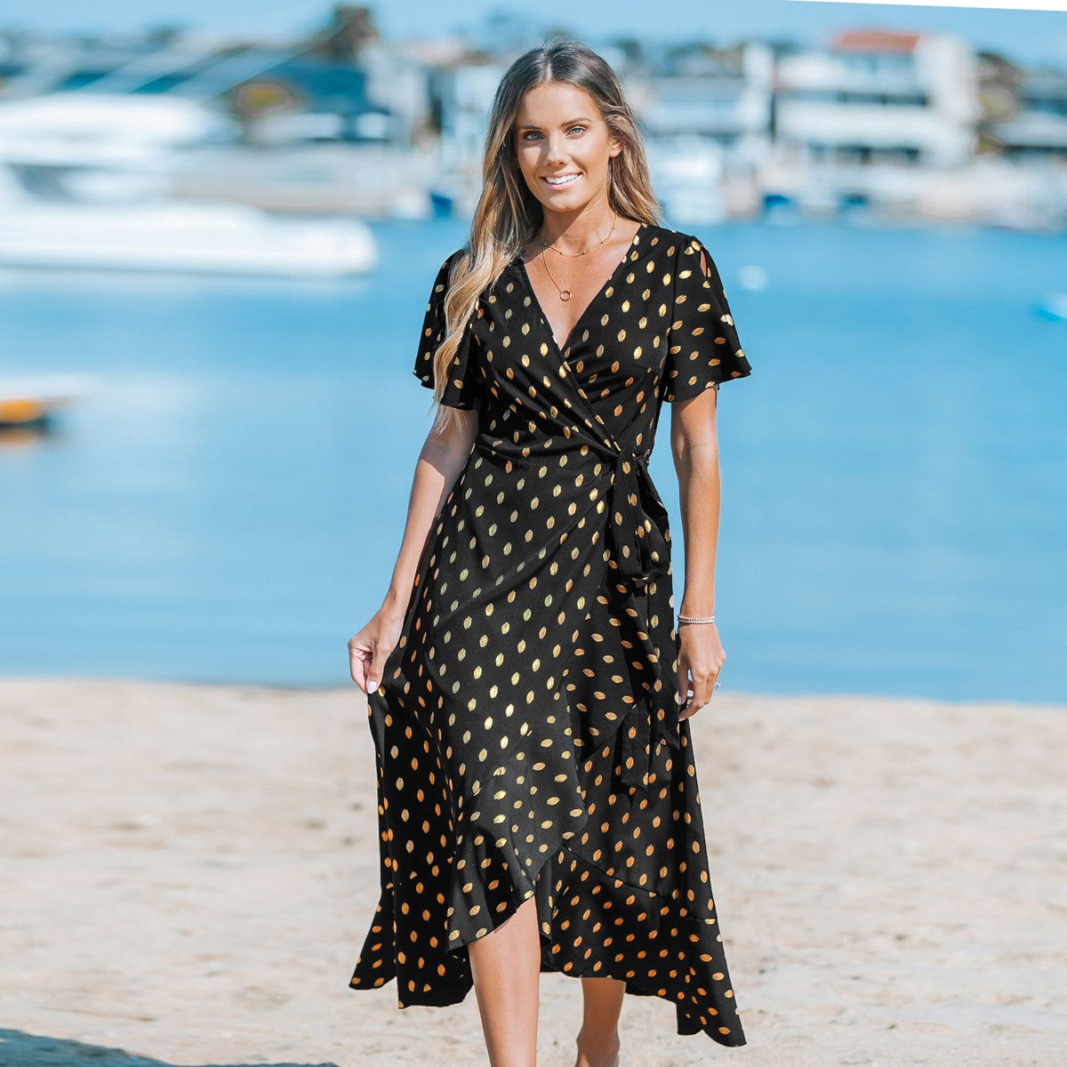 Женские платья Cupshe Women's Flared Sleeve Tie V-neck Midi Dress - Cupshe-XS-Black — фото 5