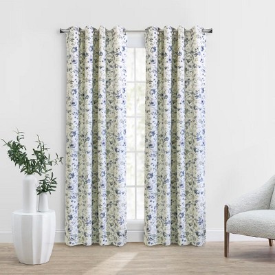 Flora Silver and Blue Polyester Blackout Grommet Curtain Panel 52" x 84"